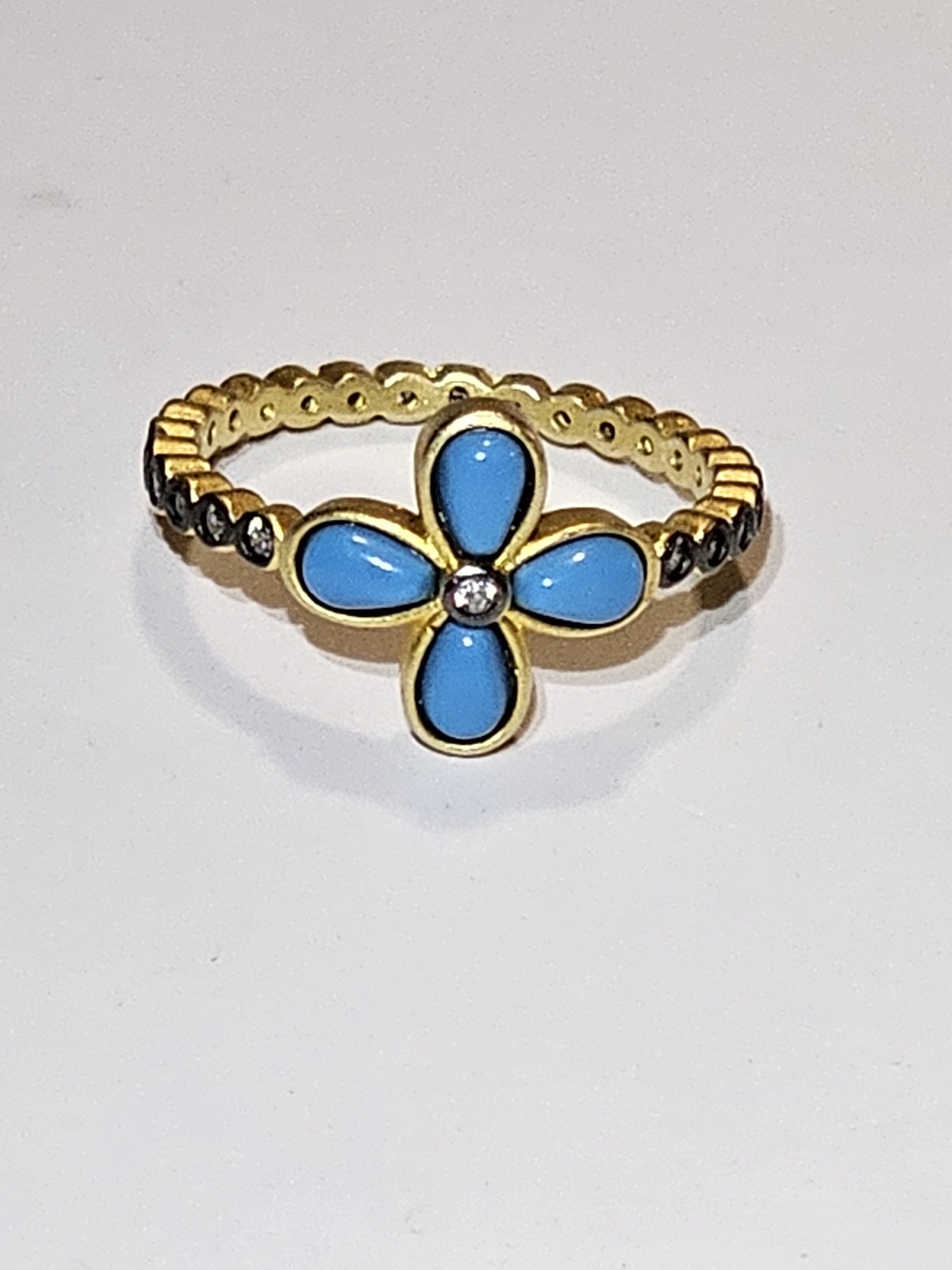Freida Rothman Turquoise Clover Ring Matte Gold Black 925 Silver Size 6.5